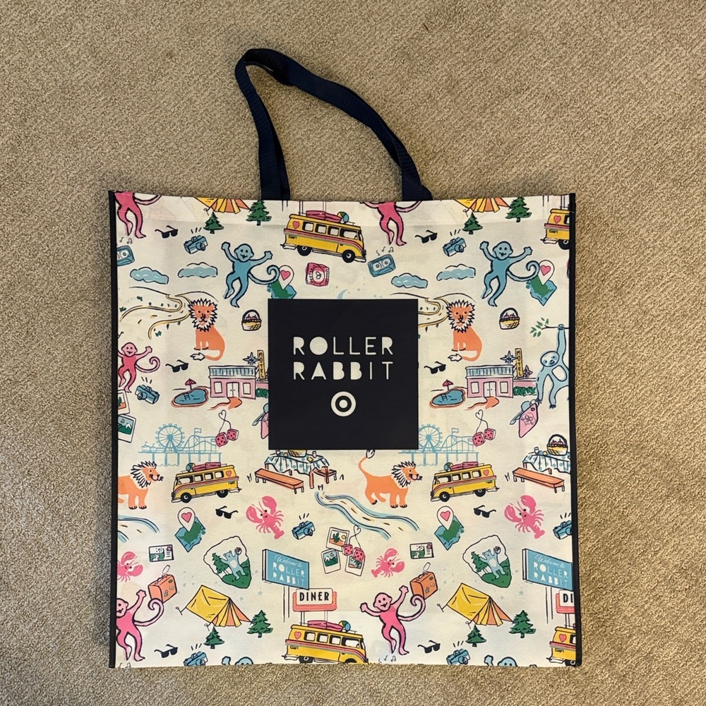 Roller Rabbit Cream Tote with Pink, Blue, Orange, Green & Yellow Motif